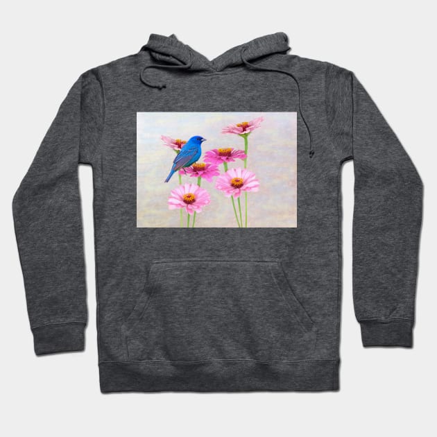 Indigo Bunting and Pink Zinnia Hoodie by lauradyoung